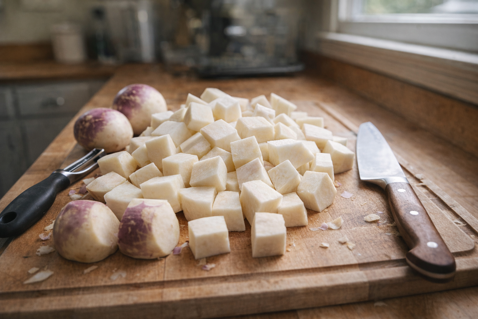 An overhead shot of a cutting board with raw turnips, peeled and cubed, surrounded by a vegetable peeler and a chef's knife, natural daylight